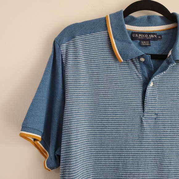 XL U.S. Polo Assn Slim Fit 2 Tone Blue Knit Shirt Short Sleeve Striped Mustard - Picture 8 of 9